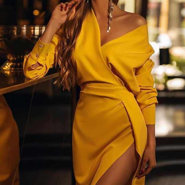 Solid V-Neck Slit Bodycon Dress - Wnkrs