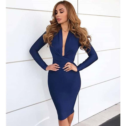 Women's V-Neck Long Sleeved Bodycon Dress - Wnkrs