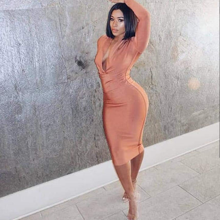Women's V-Neck Long Sleeved Bodycon Dress - Wnkrs
