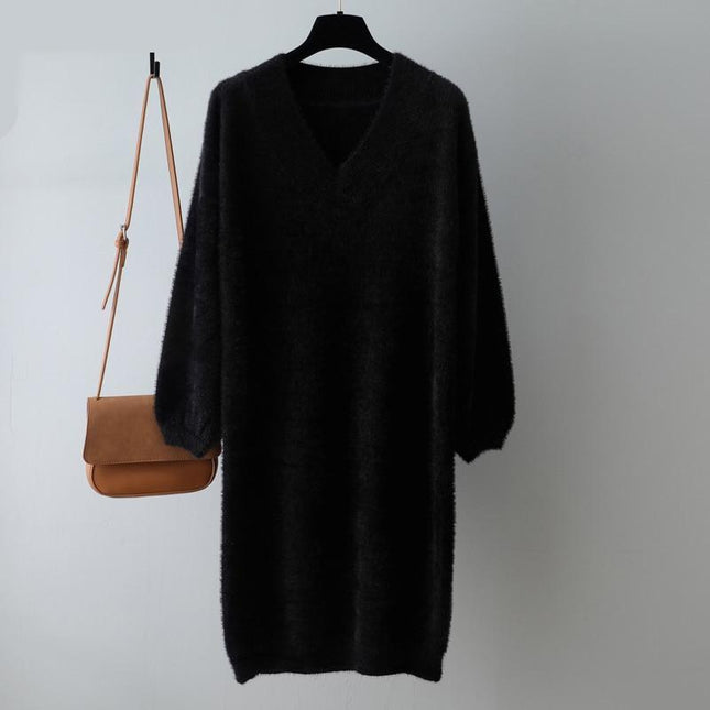 Simple V-Neck Thick Sweater Dress for Women - Wnkrs