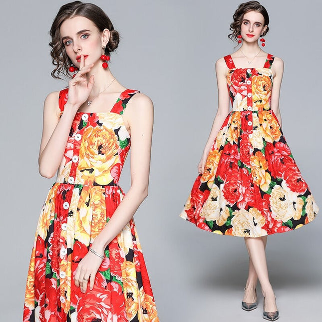 Women's Spaghetti Strap Backless Midi Dress with Floral Print - Wnkrs