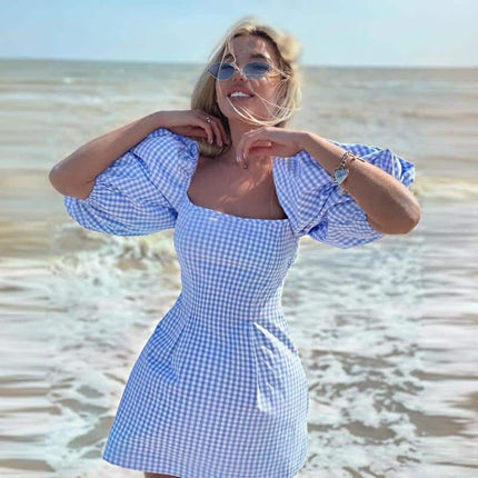 Women's Plaided Puff Sleeve Dress - Wnkrs