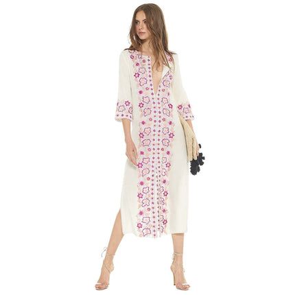 Embroidered Kaftan Midi Dress for Women - Wnkrs