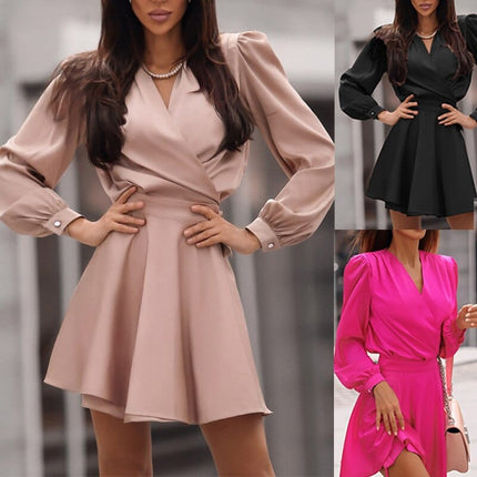 Women's Lantern Long Sleeved V-Neck Pleated Dress - Wnkrs