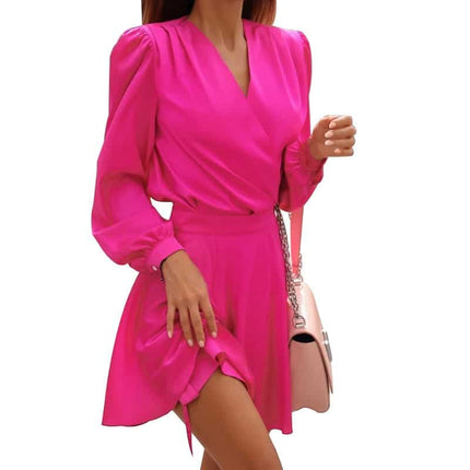 Women's Lantern Long Sleeved V-Neck Pleated Dress - Wnkrs