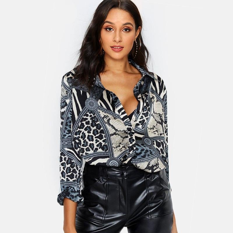 Women's Leopard Printed Long Sleeve Blouse