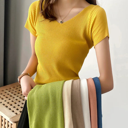 Women's Knitted V-Neck Basic Slim Top - Wnkrs