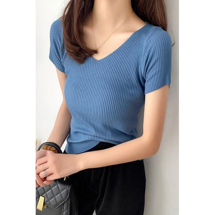 Women's Knitted V-Neck Basic Slim Top - Wnkrs