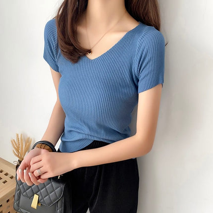 Women's Knitted V-Neck Basic Slim Top - Wnkrs