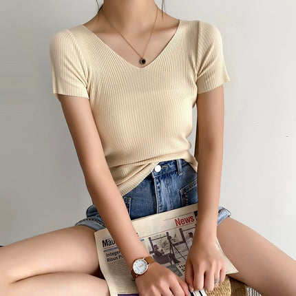 Women's Knitted V-Neck Basic Slim Top - Wnkrs