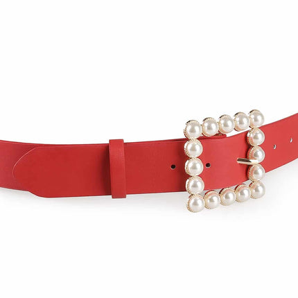 Women's Simple Square Shaped Buckle Belt with Pearls - Wnkrs