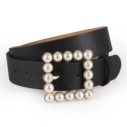 Women's Simple Square Shaped Buckle Belt with Pearls - Wnkrs