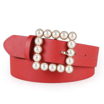 Women's Simple Square Shaped Buckle Belt with Pearls - Wnkrs