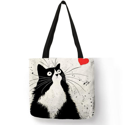 Women's Cartoon Cat Printed Linen Tote Bag - Wnkrs