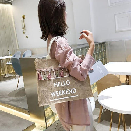 Women's Linen Hello Weekend Tassel Tote Bag - Wnkrs