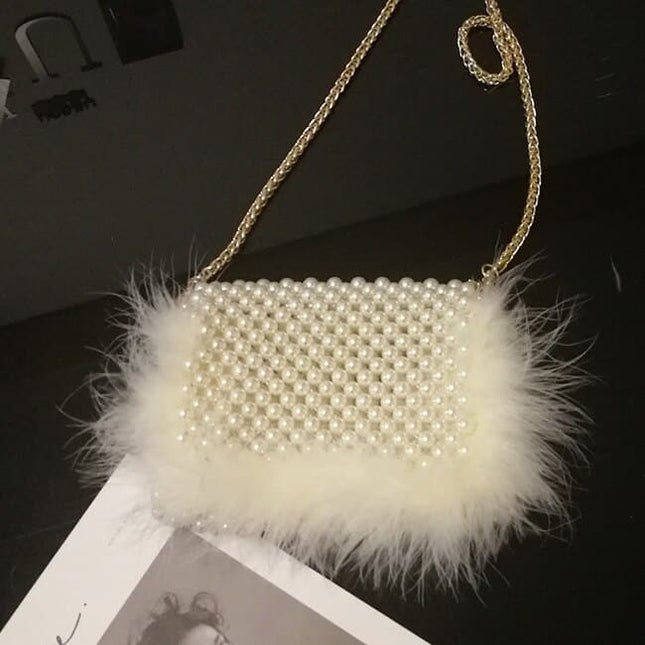Women's Elegant Faux Fur Pearl Evening Clutch Bag - Wnkrs