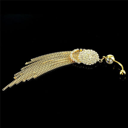 Luxurious Steel Tassel Belly Button Ring with Rhinestone Round Pendant - Wnkrs