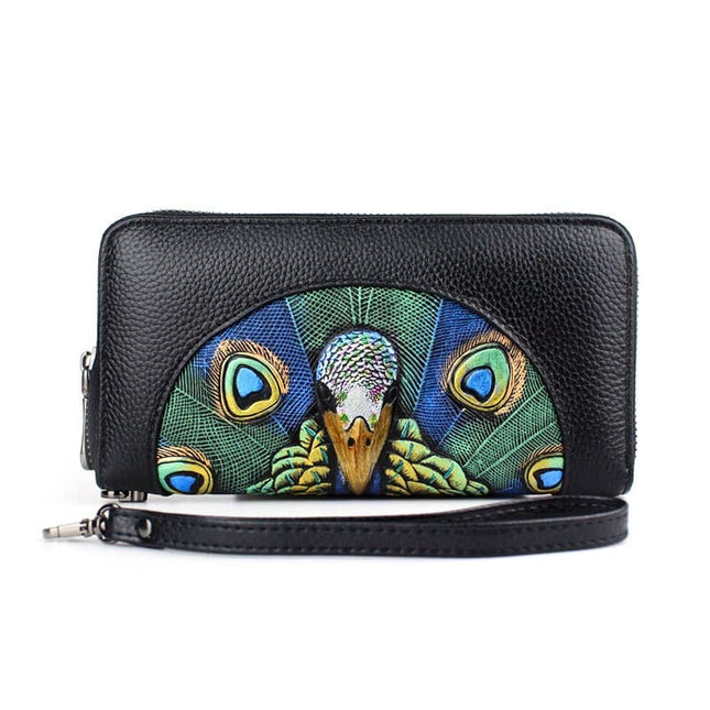 Fashionable Women's Wallet Made of Genuine Leather with a Picture of a Peacock - Wnkrs