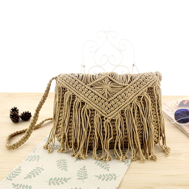 Women's Fringe Datail Woven Rattan Handbag - Wnkrs