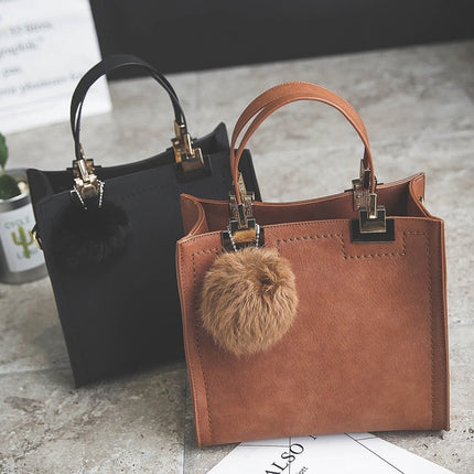 Women's Suede Leather Handbag with Fur Ball - Wnkrs