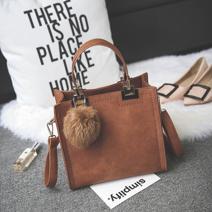 Women's Suede Leather Handbag with Fur Ball - Wnkrs