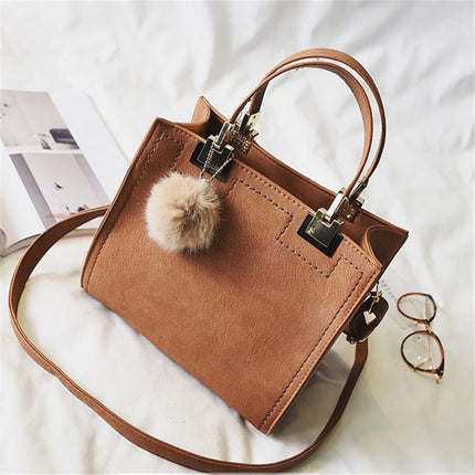 Women's Suede Leather Handbag with Fur Ball - Wnkrs