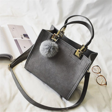 Women's Suede Leather Handbag with Fur Ball - Wnkrs