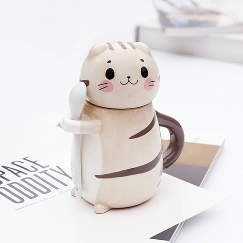 Cute Cat Shaped Ceramic Coffee Mug with Spoon