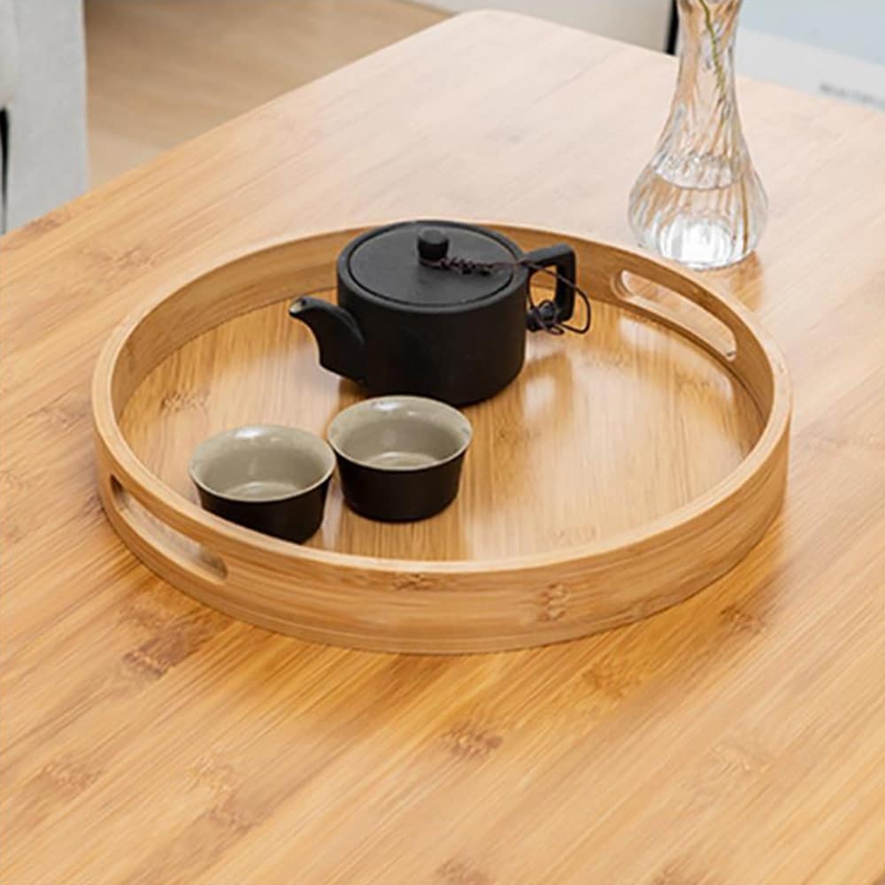 Solid Wood Round Serving Tray with Handles