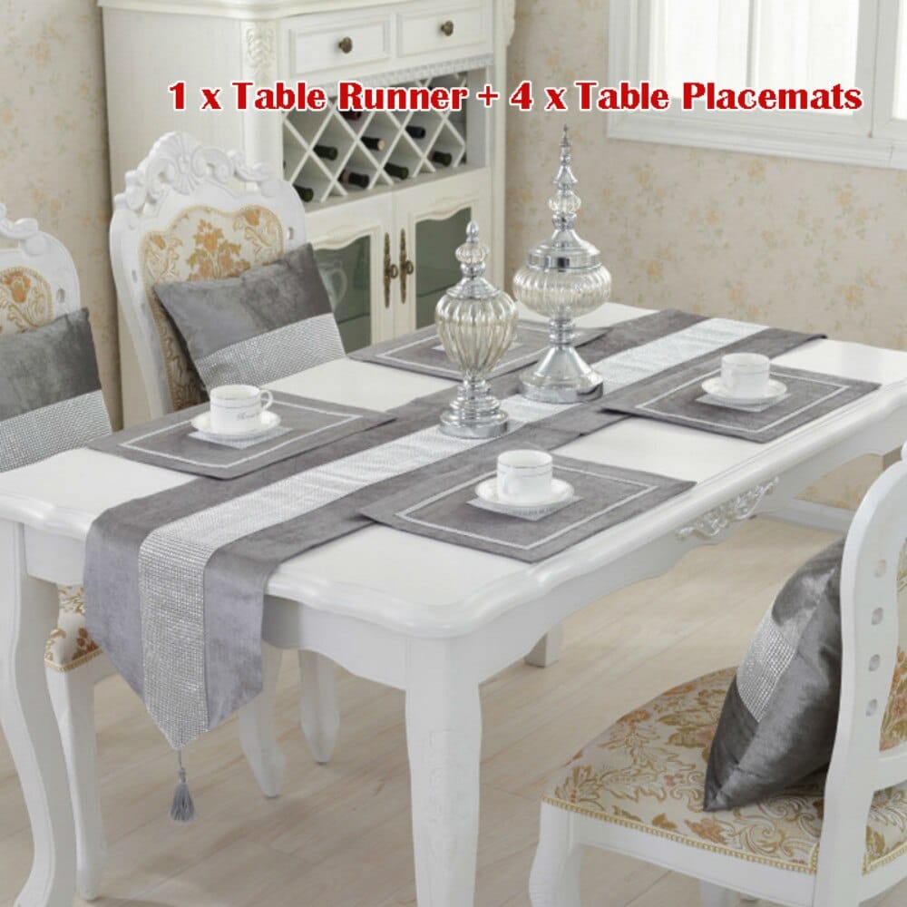 Crystal Trim Table Runner with 4 Pcs Placemats