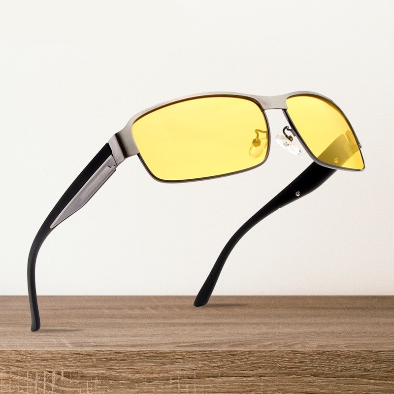 Yellow-Lens Rectangle Glasses, Two Frame Finishes
