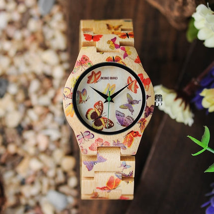 Butterfly Printed Bamboo Wood Women's Watches - wnkrs