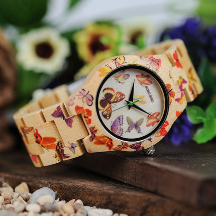 Butterfly Printed Bamboo Wood Women's Watches - wnkrs