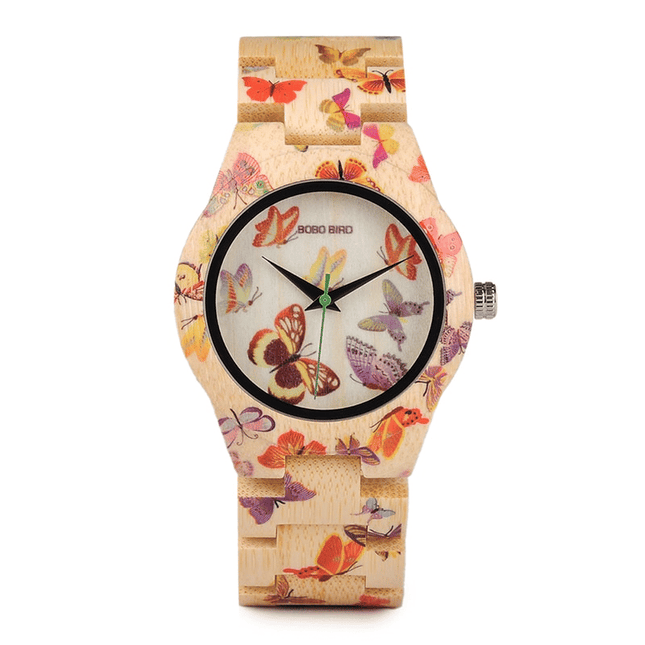 Butterfly Printed Bamboo Wood Women's Watches - wnkrs