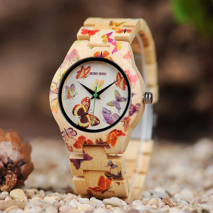 Butterfly Printed Bamboo Wood Women's Watches - wnkrs