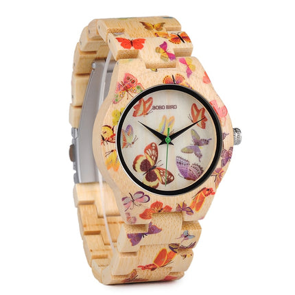 Butterfly Printed Bamboo Wood Women's Watches - wnkrs