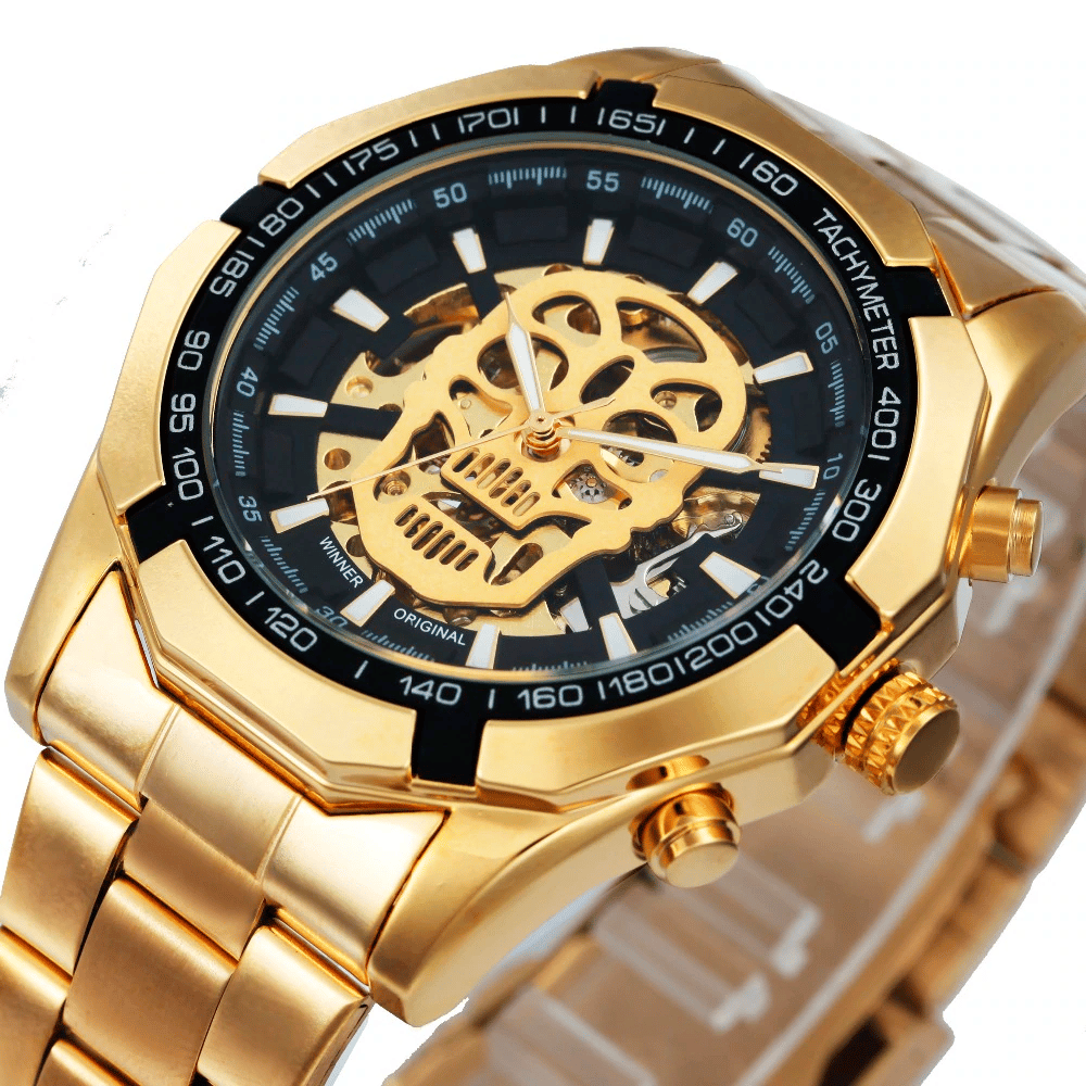 Stainless Steel Mechanical Wristwatches for Men with Skull Design