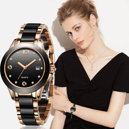 Women's Diamond Decorated Round Watch with Ceramic Band - wnkrs