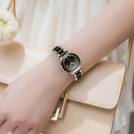 Women's Diamond Decorated Round Watch with Ceramic Band - wnkrs