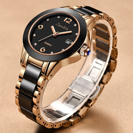 Women's Diamond Decorated Round Watch with Ceramic Band - wnkrs