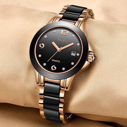 Women's Diamond Decorated Round Watch with Ceramic Band - wnkrs