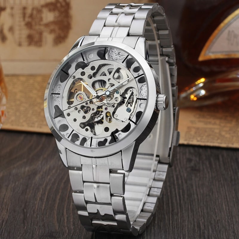 Skeleton-Style Mechanical Watch with Steel Bracelet