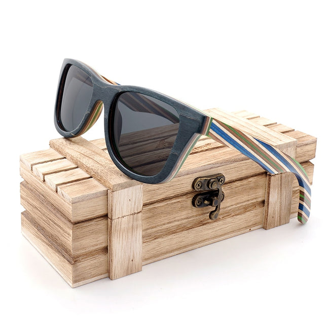 Men's Vintage Wooden Sunglasses with Colorful Striped Pattern and Wooden Case - wnkrs