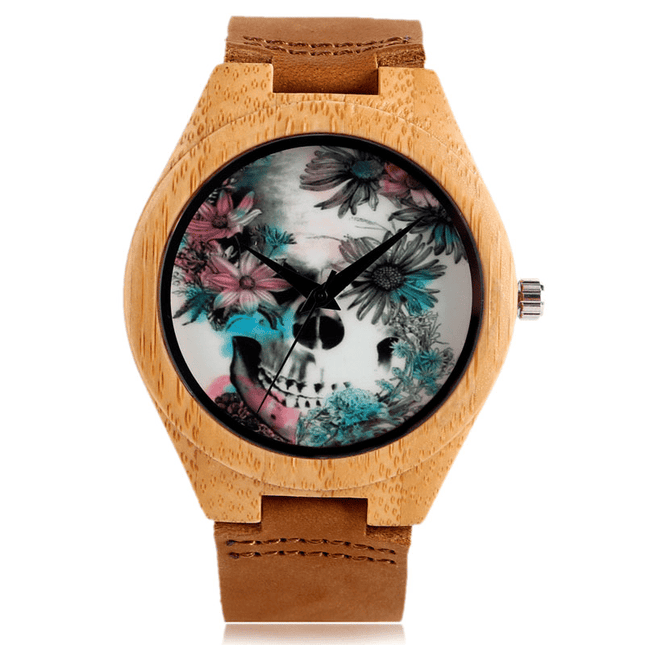 Flower Skull Printed Bamboo Wood Women's Watches - wnkrs