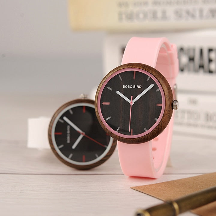 Women's Wooden Dial Sports Watch with Silicone Strap