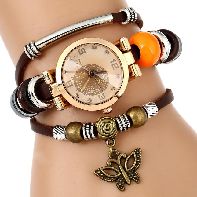 Ethnic Leather Strap Quartz Watches With Butterfly Pendants - wnkrs