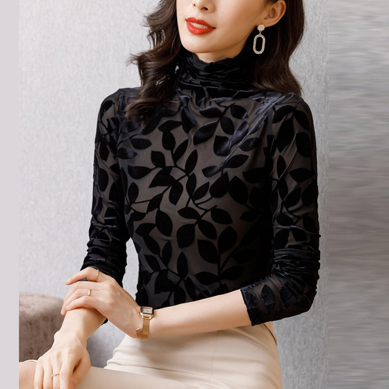 Women's Velvet Leaves Sheer Blouse