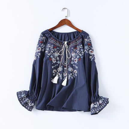 Women's Floral Embroidered O-Neck Blouse - Wnkrs