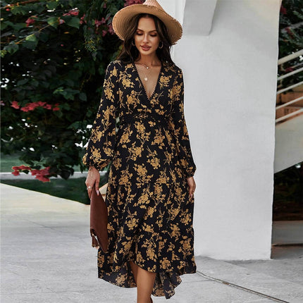 Black and Gold Women's Midi Dress in Floral Print - Wnkrs