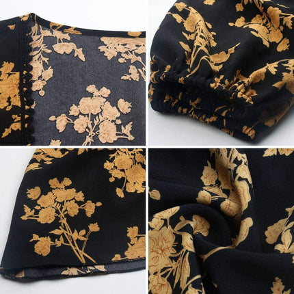Black and Gold Women's Midi Dress in Floral Print - Wnkrs